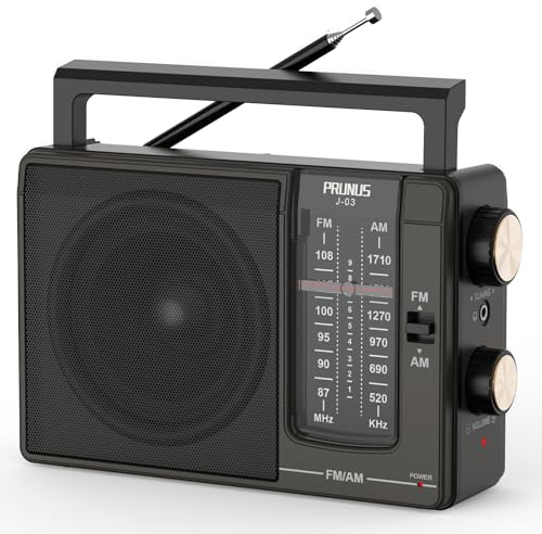 PRUNUS J03 AM FM Radio Portable Plug in Wall or AA Battery Operated for Home/Outdoor, Large Speaker Excellent Sound and Reception, Large Tuning Knobs, Gifts for Seniors, No,Internet Radio/Shower Radio
