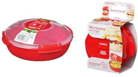 Sistema Microwave Round Food Container/Cookware Bowl | 1.3 L Food Steamer | Red/Clear & Microwave Egg Cooker Easy Eggs | Egg Poacher with Steam Release Vent | 270 ml | BPA-Free | Red