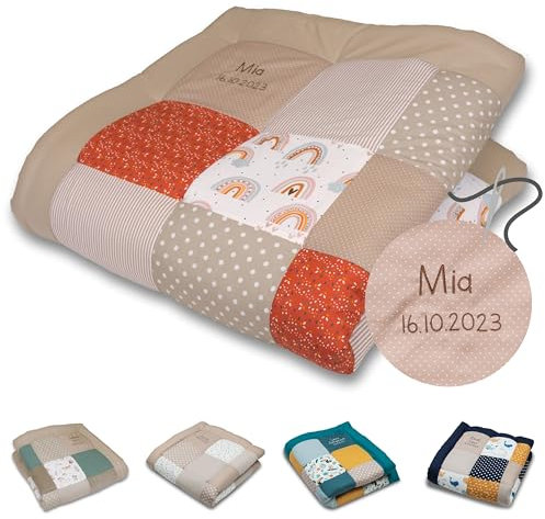 ULLENBOOM Krabbeldecke für Baby mit Personalisierung, 100% Oeko-TEX Materialien, Regenbogen 120x120 cm - Babydecke mit Namen und Datum, ideal als Spieldecke und personalisiertes Geschenk zur Geburt