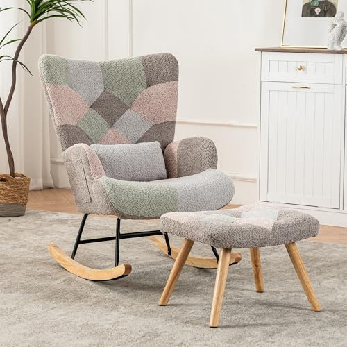 ModernLuxe Soft Rocking Chair with Footstool, Comfortable Nursing Chair with Wingback, Side Pocket and Lumbar Pillow, Suitable for Relaxing Reading in Living Room, Patio or Yard, Multicolour