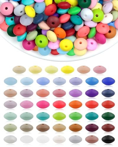 240PCS FIVEIZERO Silicone Lentil Beads,12mm 48 Colors Silicone Abacus Beads Silicone Spacer Bead for Keychain & Bracelet Making, Bulk Assorted Silicone Beads for Pens & Jewelry and DIY Crafts