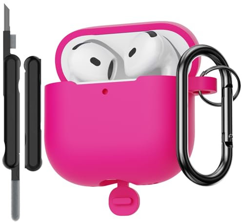 AOTUAO Hülle Kompatibel mit AirPods 4. Generation Hülle Case mit Reinigungsset, Weiches Silikon Stoßfeste Schutzhülle für AirPods 4 2024 Case Cover mit Karabiner, Rose Pink