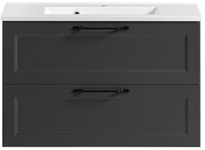 möbelando Waschtisch >Lyon< Korpus in Grafitgrau, MDF Fronten in matt-grau im Landhausstil Schwarze Metallgriffe, 2 Metallauszüge, inkl. Mineralgussbecken, 80x56x47 cm (BxHxT)