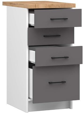 BDW - Küchenschrank Weiß/Grau - Schrank Küche mit Arbeitsplatte und Schubladen - Schrank 40 cm breit, 85 cm hoch - Küchenschränke Einzeln, Küchenmöbel Einzelteile