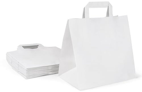 Inoverse 50 stk Papiertüten mit Henkel, Papiertragetaschen, 26+17x25 cm Geschenktüten, Weiß Kraftpapiertüte, Papiertaschen, Groß Einkaufstüten