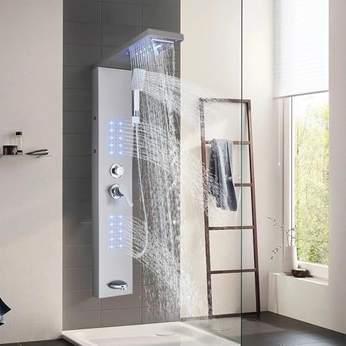 Hevenaov Duschpaneel LED Edelstahl 5 Funktionen mit Regendusche Wasserfall Regenduschkopf Massagedüsen ABS Handbrause Gebürstetes Nickel Multifunktionale Duschpaneele für Badduschen