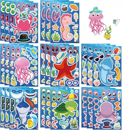 24 Sheets Cartoon Make a Face Stickers, Make Your Own DIY Stickers for Kids, Art Crafts Suitable for Birthday Party Supplies Gifts (Ocean)