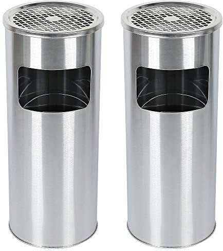 Poubelle avec Cendrier pour Extérieur, Cendrier sur Pied en Acier Inox avec Poubelle, Poubelle verticale, ronde, en acier inoxydable et peinte, 25 * 25 * 60cm-Argent -2pcs
