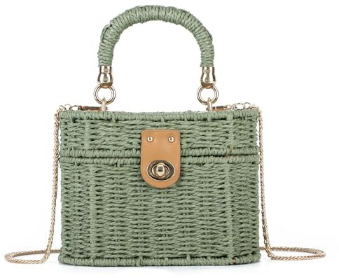 BWBIKE Damen Handgewebte Stroh Umhängetasche - Vintage Rattan Beach Geldbörse, Boho Woven Tote Bag für den Sommer, Crossbody oder Top Handle, Grün