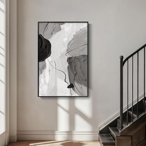 JACBON Tableau minimaliste gris, grand format, noir et blanc, abstrait, moderne, vertical, pour salon, impression sur toile 70 x 100 cm (28 x 39 pouces) avec bordure noire.