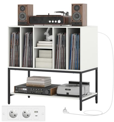 KOMFOTTEU Supporto per Giradischi con Stazione di Ricarica, Porta Dischi Vinile Vintage con 6 Scomparti e Ripiano Aperto, Espositore per Dischi in Vinile con Foro per i Cavi, 80x45x79,5cm (Bianco)