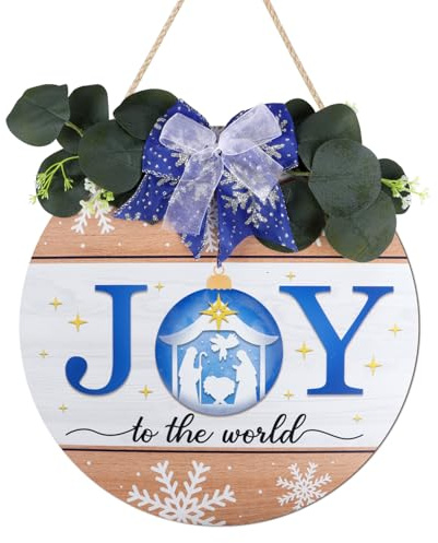 TOARTi Joy Nativity Merry Christmas Sign Hanging Joy to The World Christmas Wooden Decor Jesus Xmas with Bow Winter Holiday Wreaths for Front Door Winter Porch Sign Rustic Xmas Decorations 12inch