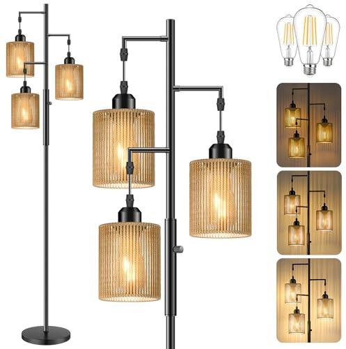 Hotsonic 72 Tall Boho Rattan Style Floor Lamp with Hand-Woven Paper Cord Shade, Dimmable Industrial Tree Standing Lamp for Living Room, Bedroom, Study Room, Office (3 x 800LM Bulbs Included) - Black