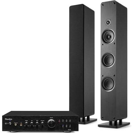 Audizio ARCO Tours de Son Hi-FI Stéréo 320W avec Amplificateur - Paire d’Enceintes Colonnes Noires, BT, USB et Optique - Installation Hi-FI Complète pour Salon, TV et Musique