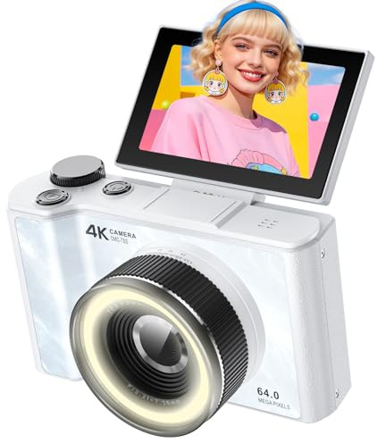 W&O Digital Camera for Vlogging Photography, Autofocus Compact Digital Cameras with 180° Flip Screen, Fill Light, 32GB Card, 7Hour Power, Portable Video Camera for YouTube Beginners,Kids,Teens (White)