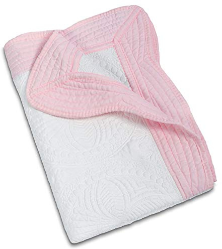 MONOBLANKS Baby Quilt Personlized Monogram Lightweight Embossed Scalloped Throw Blanket Four Seasons (White-Pink Trim)