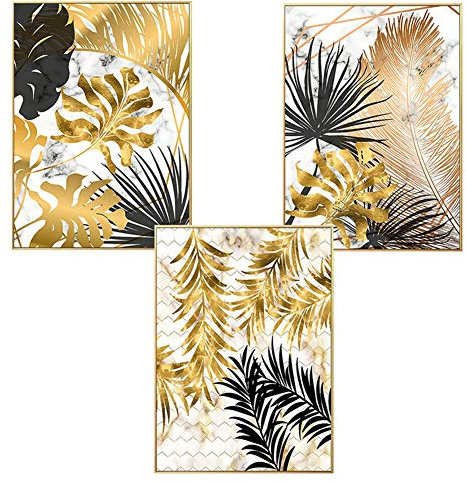 Martin Kench 3er Set Design-Poster Wandbilder, Wald Goldene Blätter Palmblatt, Ohne Rahmen, Wandbild Print Bilder Kunstposter Deko für Wohnzimmer (Stil D,60 x 90 cm)