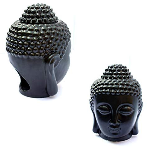 EVERGD Keramik-Buddha-Kopf-Statue, hohl, Aromatherapie-Ofen, Ölbrenner für Yoga oder Meditationsraum, 15 x 9 cm, Schwarz