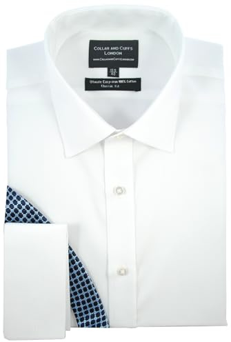 Men's Long Sleeve Twill Shirt - 100% Cotton - Ultimate Easy Iron - Fit Guaranteed - Business Formal Smart Casual - White Shirts for Men - Classic Fit, Double Cuff - Plain Pattern - C 16