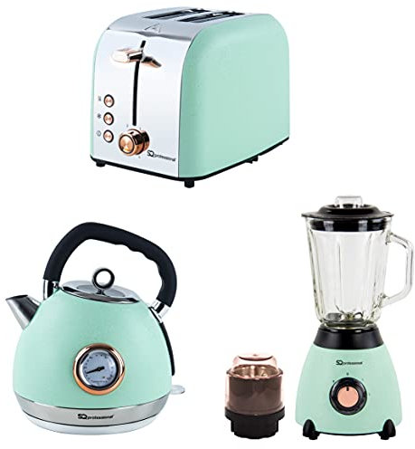 SQ Professional Epoque 3pc Breakfast Set -Kettle with Rose Gold Accents -Temperature Display -2 Slice Toaster with Rose Gold Accents, High-Lift, Wide Slots (Green)