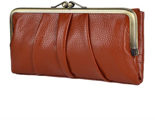 EASTNIGHTS Weiche Ledergeldbörse für Frauen, kompakte Bifold-RFID-Clutch-Geldbörse für Damen, Münzgeldbörse mit Reißverschluss und Kussschloss, Braun, Large, Vintage