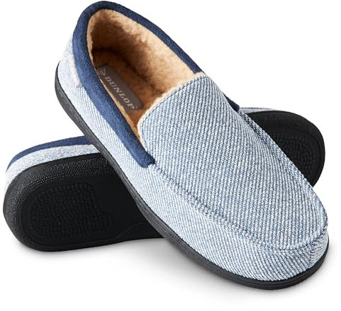 DUNLOP Moccasins Slippers Men Loafers Faux Fur Slippers Rubber Sole Memory Foam House Slippers Indoor Shoes Gifts For Men (Navy/White, 10 UK)
