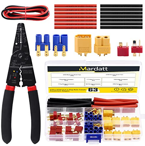 Mardatt 73 Pcs XT60 /EC3 /T-Plug Deans Male Female Adapter Connectors with Heat Shrink Tube and 14 AWG Silicone Wire & Stripper for RC Battery Charger ESC Motor Accessories