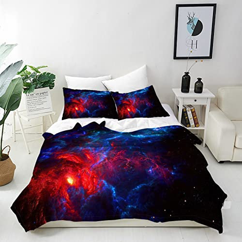 ANHOPE Schwarz Rot Blau Galaxie Bettwäsche Set 3 Teilig Bettbezug 135x200 cm + 2 Kissenbezug 50x70 cm Weich Microfaser Bettbezüge Set mit Reißverschluss Bettdeckenbezug für Kinder Jungen Mädchen