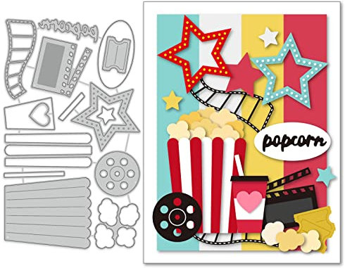 GLOBLELAND Popcorn Cola Film Stanzformen Transparent für Kartenherstellung Dekoration und DIY Scrapbooking, Kinokarte Tasse Pentagramm Mental Stanzformen für Geschenke und Feiern