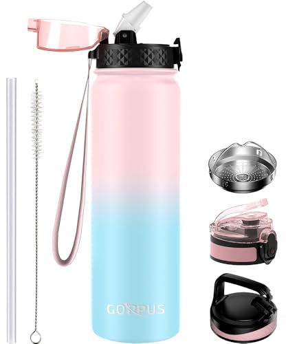 GOPPUS 1L/32oz Stainless Water Bottle with Straw Double Wall Insulated Bottles with Strap Reusable Vacuum Thermal Flask Leakproof Keep Cold Drinks Bottles with Flip Top Lid for Gym Men Women BPA Free