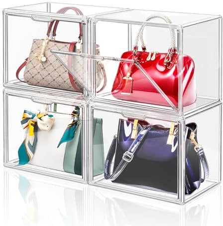 LINYAPRY 4 Packs Clear Plastic Handbag Storage Organizer for Closet, Acrylic Display Case for Purse and Handbag, Stackable Storage Boxes Bag Organizer with Magnetic Door for Clutch Wallet Book Toys