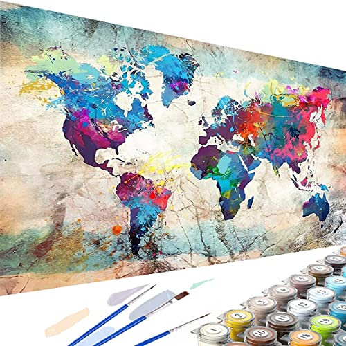 YALKIN Kit de peinture par numéros sur toile pour adultes - Grand kit de peinture acrylique à l'huile - Carte du monde - 40,1 x 90,2 cm - Peinture facile à faire soi-même pour débutants - Sans cadre