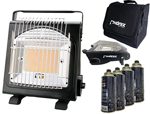 PHönix PH-100 Heizstrahler 1,7 KW Gasheizung Gasstrahler Keramik Camping Heizung Gaskocher + Tasche + 4 Gaskartuschen