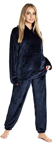 CityComfort Set Pigiama Donna Invernale in Pile, Pigiami con Cappuccio, 2 Pz Abbigliamento da Casa, Regalo Donna Adolescenti (Navy,M)