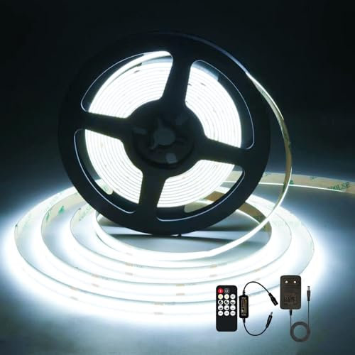 MOMKHBEY COB LED Streifen 5M, 6000K Tageslichtweiß LED Streifen DC24V mit GS Netzteil,RF Fernbedienung,480LEDs/M, CRI 93+, 8mm Breite, Dimmbare Light Strips für Schlafzimmer, Küche, Heimdekoration