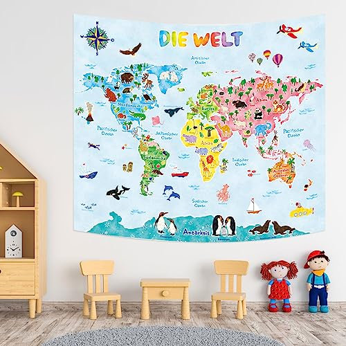 BASHOM TP-007 Tierweltkarte Tapisserie (Deutsche Ver.) Poster für Kinder Erziehungsbildung Wandhänge für Schlafzimmer Wohnzimmer Nurserie Dorm Haus Decor 60''x50'' (150x130cm)