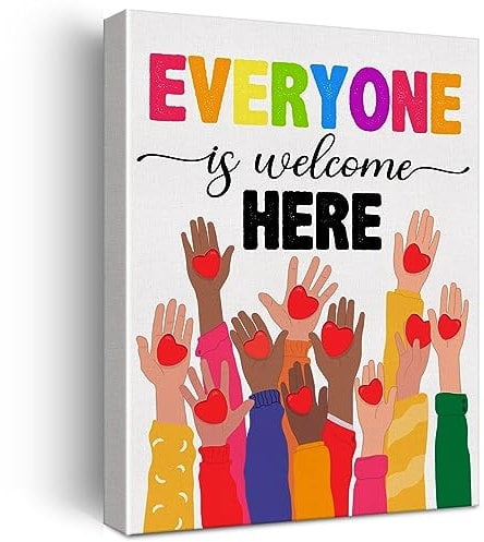 Kunstdruck auf Leinwand, Motiv Everyone Is Welcome Here Diversity, gerahmt, Inklusion, Gleichheit, Kunstwerk, Leinwandschild für Klassenzimmer-Dekoration, 30,5 x 38,1 cm