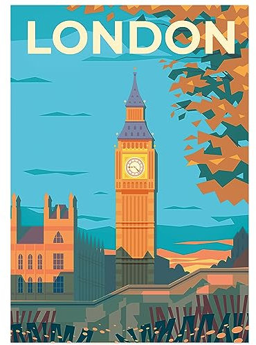 JUNOMI® London Poster XL, DIN A2 Wohnzimmer Deko, Modernes Wandbild, England Bild, Reiseposter, London Wandbild | Ohne Rahmen