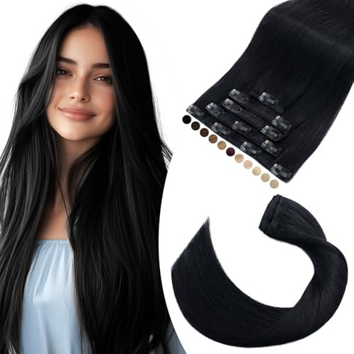 Elailite Clip in Extensions Echthaar 5 Stück Haarverlängerung Glattes 55cm-75g Real Human Haarextension für Frauen Damen #1 Schwarz
