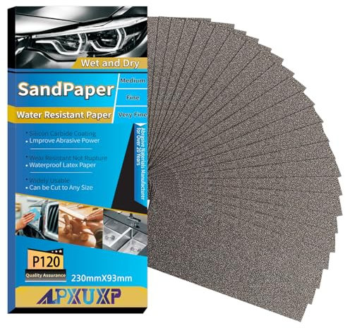 ALPXUXP Schleifpapier P120 Körnung 30 Stück Nass und Trocken Profi Wasser Schmirgelpapier,für Auto|Metall|Holzmöbel|Stein|Lack|Glas，23 x 9cm