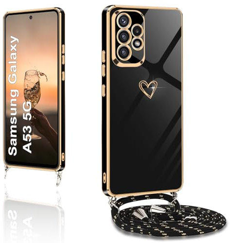 XCYYOO Funda con Cordón para Samsung Galaxy A53 5G,Funda Samsung Galaxy A53 5G Cuerda Colgante Ajustable Collar Carcasa Correa Antigolpes TPU Suave Silicona Funda para Samsung Galaxy A53 5G, Schwarz