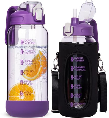 DEARRAY 1.5l Botella Agua Cristal Deportiva con Pajita 1.5 litros Grande Botella Gimnasio Vidrio con Marcador de Tiempo & Bolsa de Neopreno Reutilizable Jarra Agua Cristal