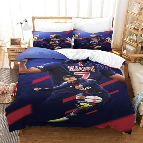tanzhenning Kylian Mbappé Bettwäsche 3 Teilig Bettwäsche Set Mit Reißverschluss Bettbezug Und Kissenbezug Für Erwachsene Teenager Kinder Single(140x200cm)