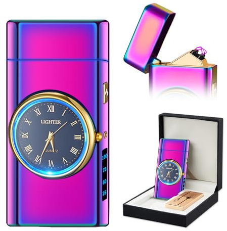RSBYE Feuerzeug Elektrisch USB Wiederaufladbar Plasma Dual Lichtbogen Feuerzeuge Elektro Uhr Feuerzeuge mit LED Batterieanzeige Winddicht für Kerzen Küche Geschenk (Farbig, 220mAh)