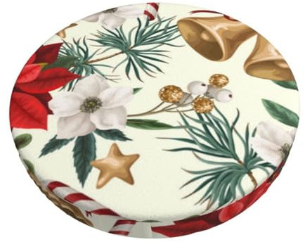 GRatka Runder Hockerbezug, Barstuhlbezug, Rutschfester Sitzkissenbezug für Zuhause, 35,6 cm,Weihnachtsstern Weihnachtsglocke mit Blumenmuster
