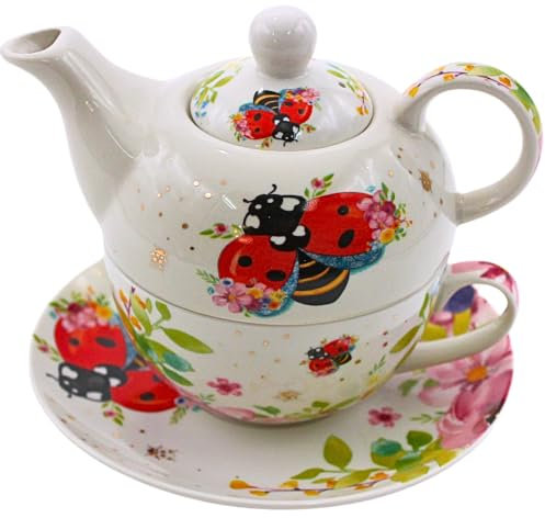 Dekohelden24 Porzellan Teekannen-Set/Teeset/Tea for one mit Käfer in bunt 3-teilig, L/B/H 17 x 14 x 17 cm, Fassungsvermögen Kanne - Tasse 400-300 ml