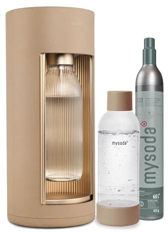 Mysoda: Glassy Wassersprudler aus Holzkomposit mit CO2-Zylinder und 1L Glasflasche & BPA-Frei 1L Plastikflasche - Latte