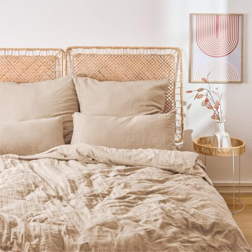 Blumtal Musselin Bettwäsche-Set 200x200 + 2x80x80 cm, Taupe