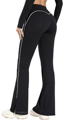 STARBILD Schlaghose Damen Sport Blickdicht Leggings Flared, High Waist Yogahose Hosensaum mit Schlitz für Fitness Gym Alltag, Mit Schlitz - Schwarz L