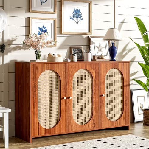 ModernLuxe Buffet en rotin avec 3 portes, grand espace de rangement, portes en rotin artificiel et poignées en métal, meuble d'appoint pour salle à manger, salon et cuisine, couleur noyer 125 x 38 x